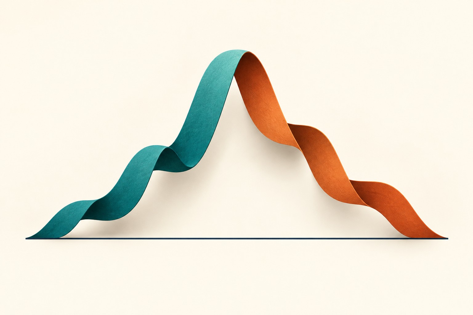 A teal ribbon rises to a peak, then turns orange as it falls.